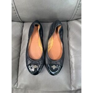 Coach Black Leather Ballet Flats Patent Cap Toe Logo Gold Hardware Slip On Shoes